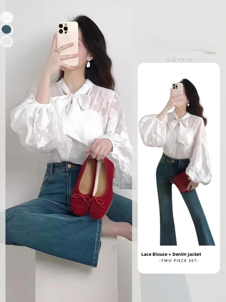 Early Autumn 2026 Lace Knot Shirt And Jeans Two-Piece Set Commute Elegant High Waist Loose Fit Long Sleeve V-Neck
Early Autumn 2026 Lace Knot Shirt And Jeans Two-Piece Set Commute Elegant High Waist Loose Fit Long Sleeve V-Neck
