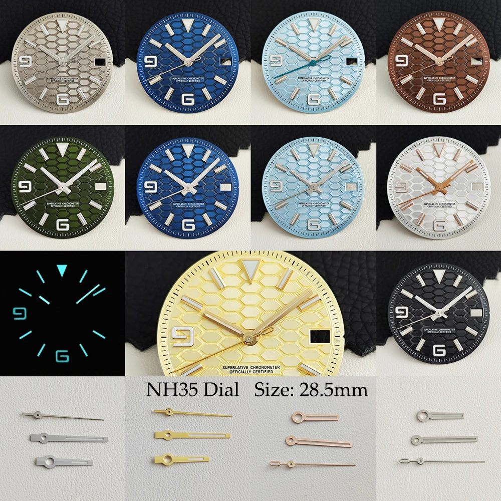 SUPER Dial 28.5mm NH35 dial Honeycomb-textured Blue luminous watch dial Custom logo available Fit NH36/NH36 movement watch
SUPER Dial 28.5mm NH35 dial Honeycomb-textured Blue luminous watch dial Custom logo available Fit NH36/NH36 movement watch