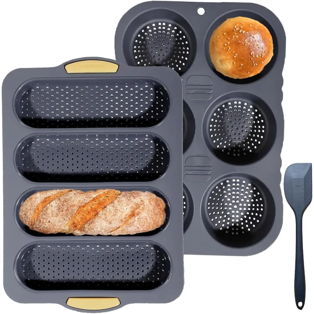 3 PCS Silicone Hamburger Bun Pan and Baguette Pan Set, Non-stick French Bread Baking Mold, 4 Wave French Bread Baking Tray,6 Cup Hamburger Bun Mold with Scraper for Homemade Bread Loaf Sandwich
3 PCS Silicone Hamburger Bun Pan and Baguette Pan Set, Non-stick French Bread Baking Mold, 4 Wave French Bread Baking Tray,6 Cup Hamburger Bun Mold with Scraper for Homemade Bread Loaf Sandwich