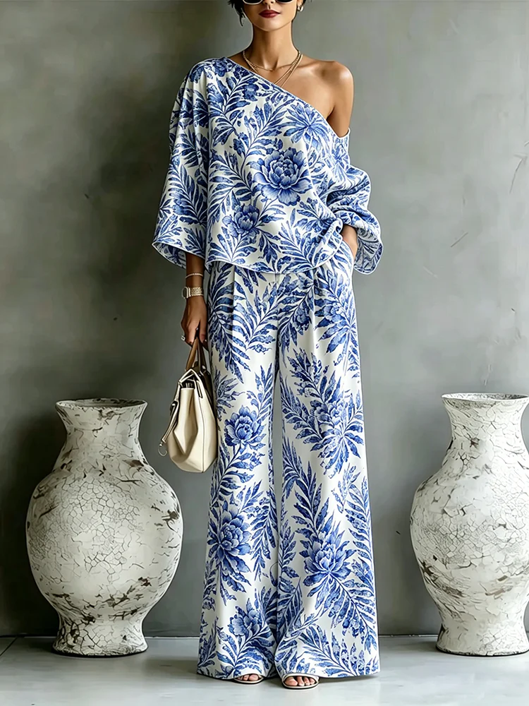Women Blue Palm Leaf Print One Shoulder Top & High Waist Wide Leg Pants Two Piece Set Chic Vintage Outfit For Holiday Daily Wear
Women Blue Palm Leaf Print One Shoulder Top & High Waist Wide Leg Pants Two Piece Set Chic Vintage Outfit For Holiday Daily Wear