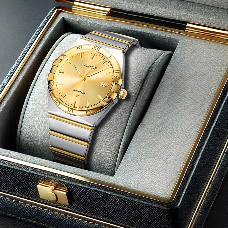 Мужские полностью автоматические механические часы с роскошным бизнес-дисплеем даты на золотом стальном ремешке.
Мужские полностью автоматические механические часы с роскошным бизнес-дисплеем даты на золотом стальном ремешке.