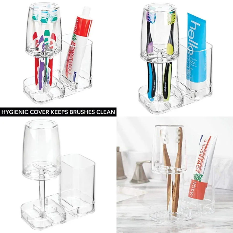 Modern Plastic Bathroom Vanity Countertop Toothpaste & Toothbrush Holder Stand with Rinsing Cup/Cover - Dental Center Holds Electric Toothbrushes - Clear
Modern Plastic Bathroom Vanity Countertop Toothpaste & Toothbrush Holder Stand with Rinsing Cup/Cover - Dental Center Holds Electric Toothbrushes - Clear