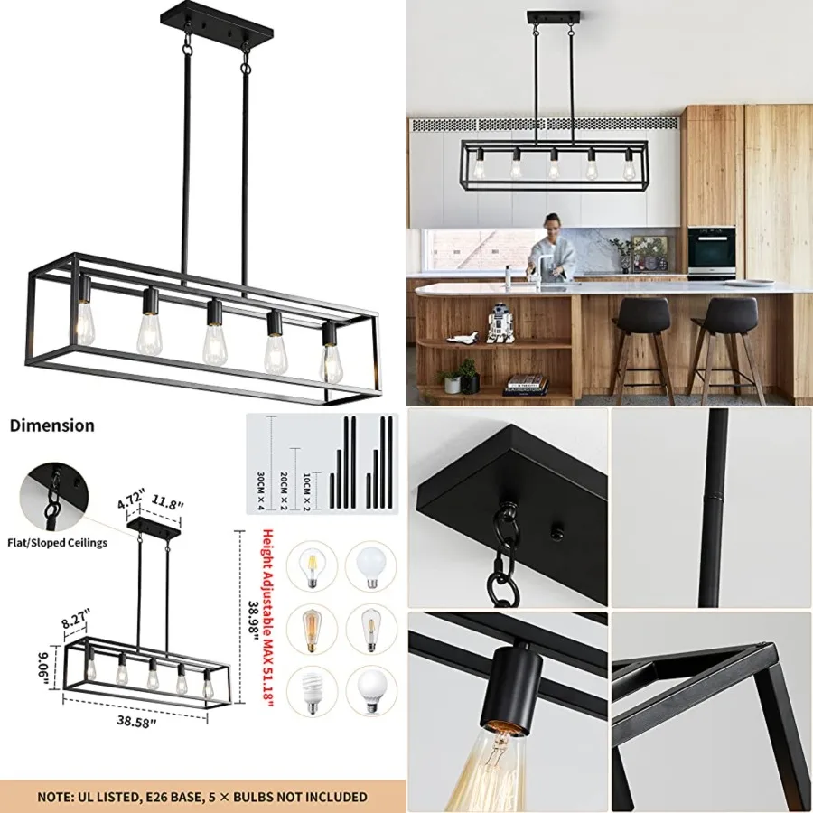 Black Farmhouse Kitchen Island Lighting, Modern Industrial Chandelier, Linear Rectangular Pendant Light Fixtures for Farmhouse
Black Farmhouse Kitchen Island Lighting, Modern Industrial Chandelier, Linear Rectangular Pendant Light Fixtures for Farmhouse
