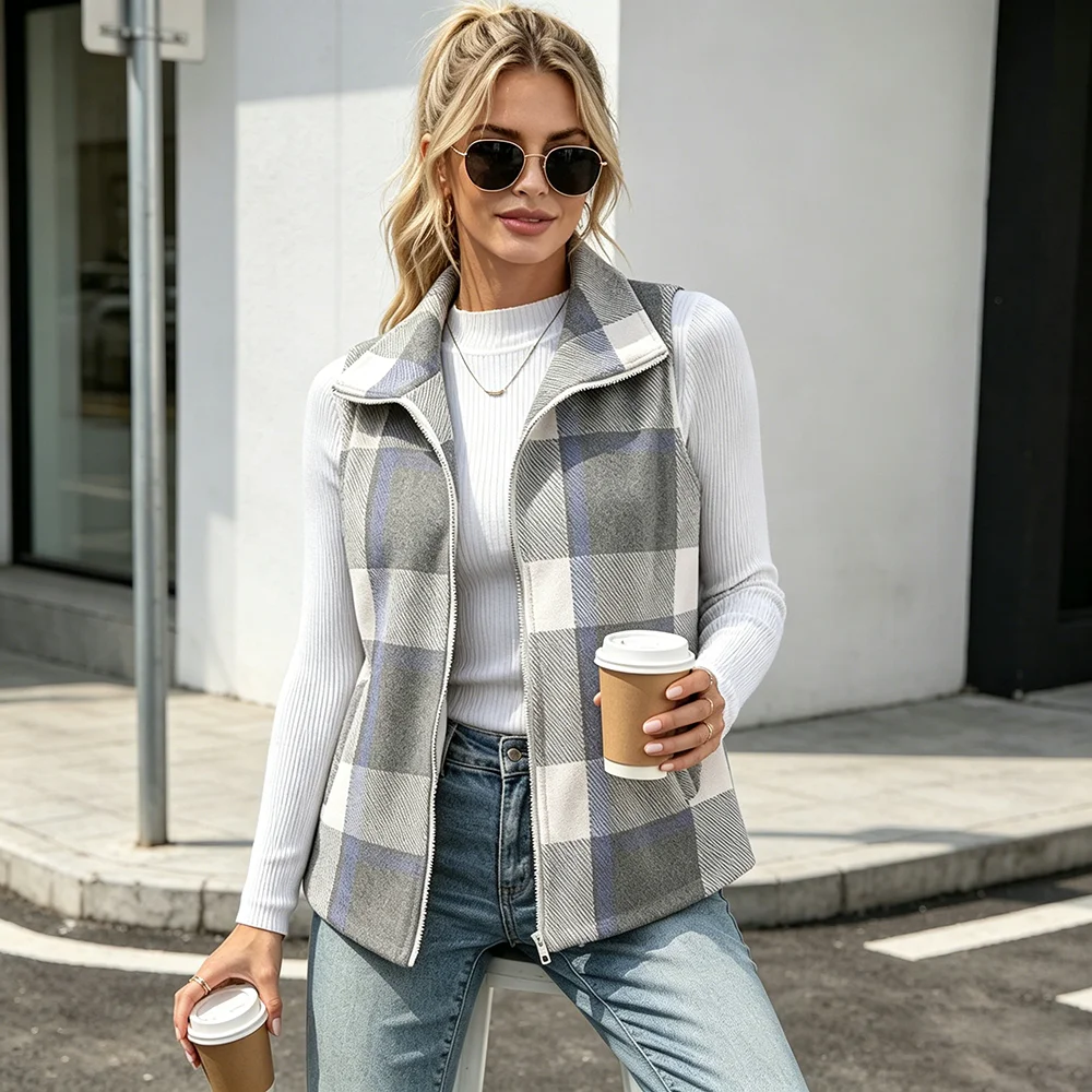 Ladies Fall Plaid Gilet Lightweight Sleeveless Outerwear Vest with Zipper
Ladies Fall Plaid Gilet Lightweight Sleeveless Outerwear Vest with Zipper