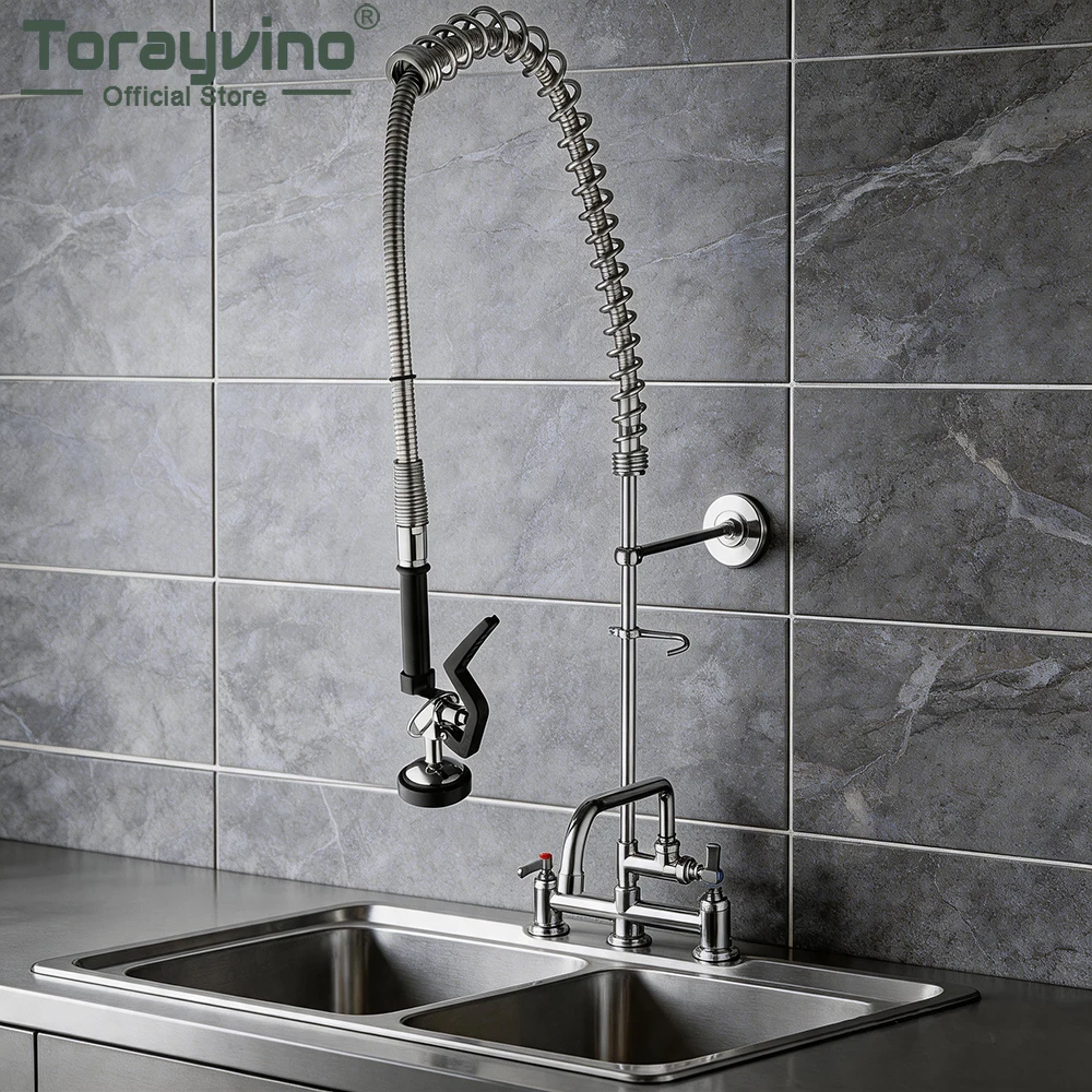 Torayvino Commercial Kitchen Faucet with Pull Down Sprayer Pre-Rinse Faucet with High Pressure Spring Dual Function Sink Faucet