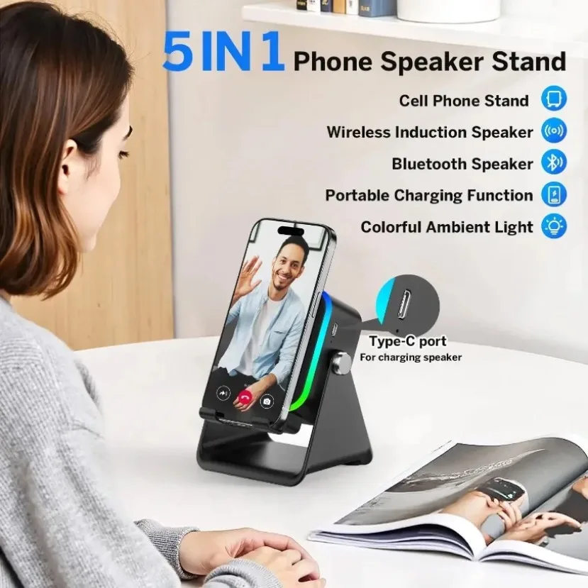 Wireless Induction Speaker With Colorful Ambient Light 360 Adjustable Phone Holder for iPhone Android Samsung Phone Speakers
Wireless Induction Speaker With Colorful Ambient Light 360 Adjustable Phone Holder for iPhone Android Samsung Phone Speakers