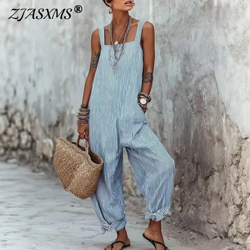 Women Boho Striped Spaghetti Strap Jumpsuit Casual Loose Wide Leg Overalls New Summer Sleeveless One-Piece Playsuit With Pockets
Women Boho Striped Spaghetti Strap Jumpsuit Casual Loose Wide Leg Overalls New Summer Sleeveless One-Piece Playsuit With Pockets