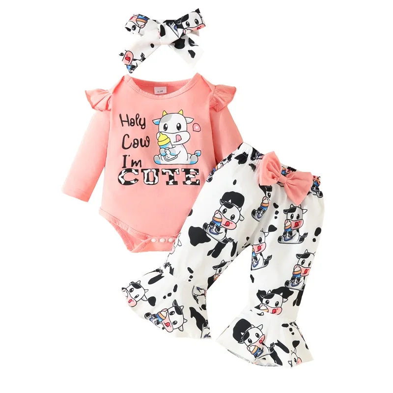Baby Girls Fall Outfit, Long Sleeve Letters Print Romper with Cow Print Flare Pants and Headband Clothing Set
Baby Girls Fall Outfit, Long Sleeve Letters Print Romper with Cow Print Flare Pants and Headband Clothing Set