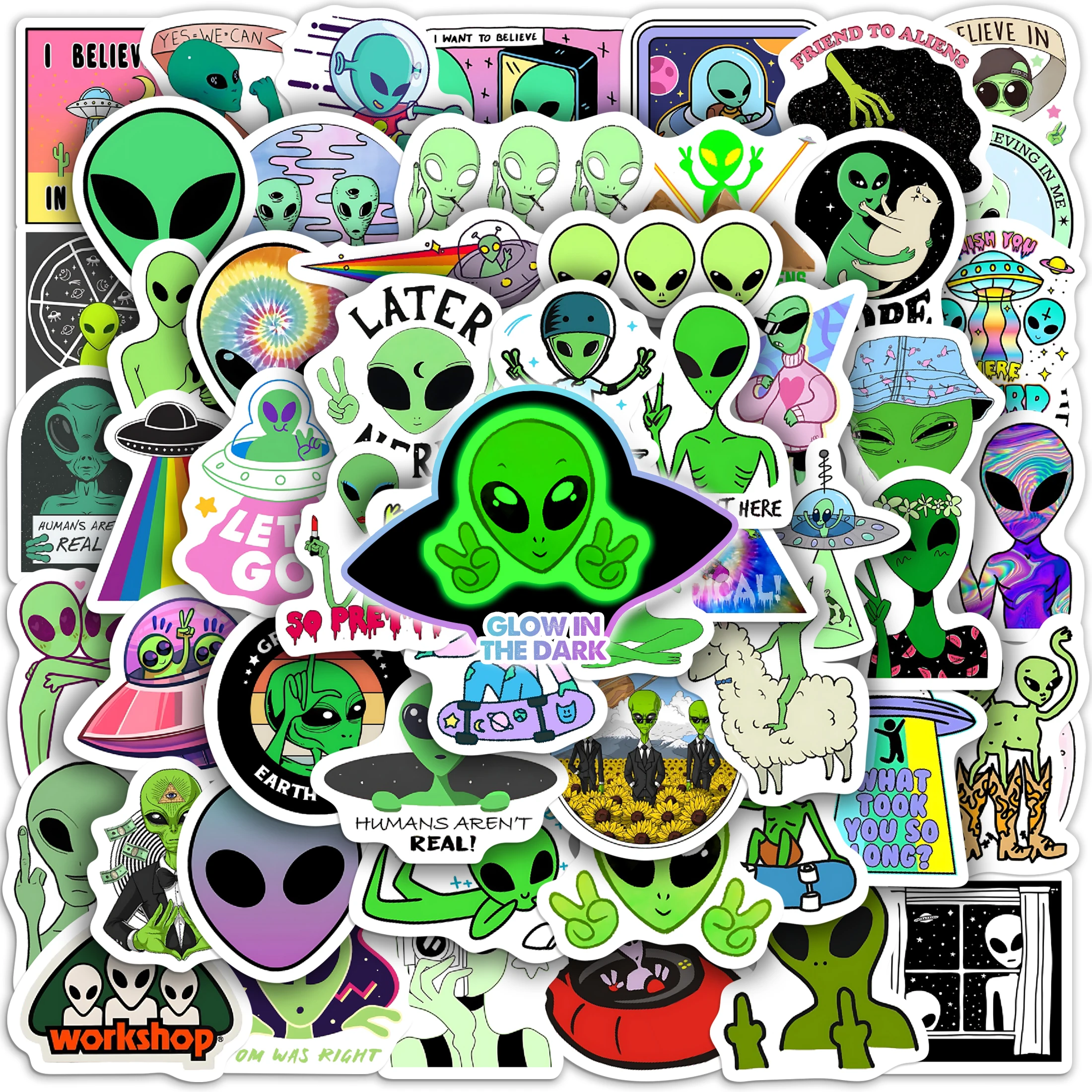 50 шт. светящихся наклеек с инопланетянами и НЛО — забавные дизайны с изображениями пришельцев для ноутбуков, бутылок для воды и чехлов для телефонов
50 шт. светящихся наклеек с инопланетянами и НЛО — забавные дизайны с изображениями пришельцев для ноутбуков, бутылок для воды и чехлов для телефонов
