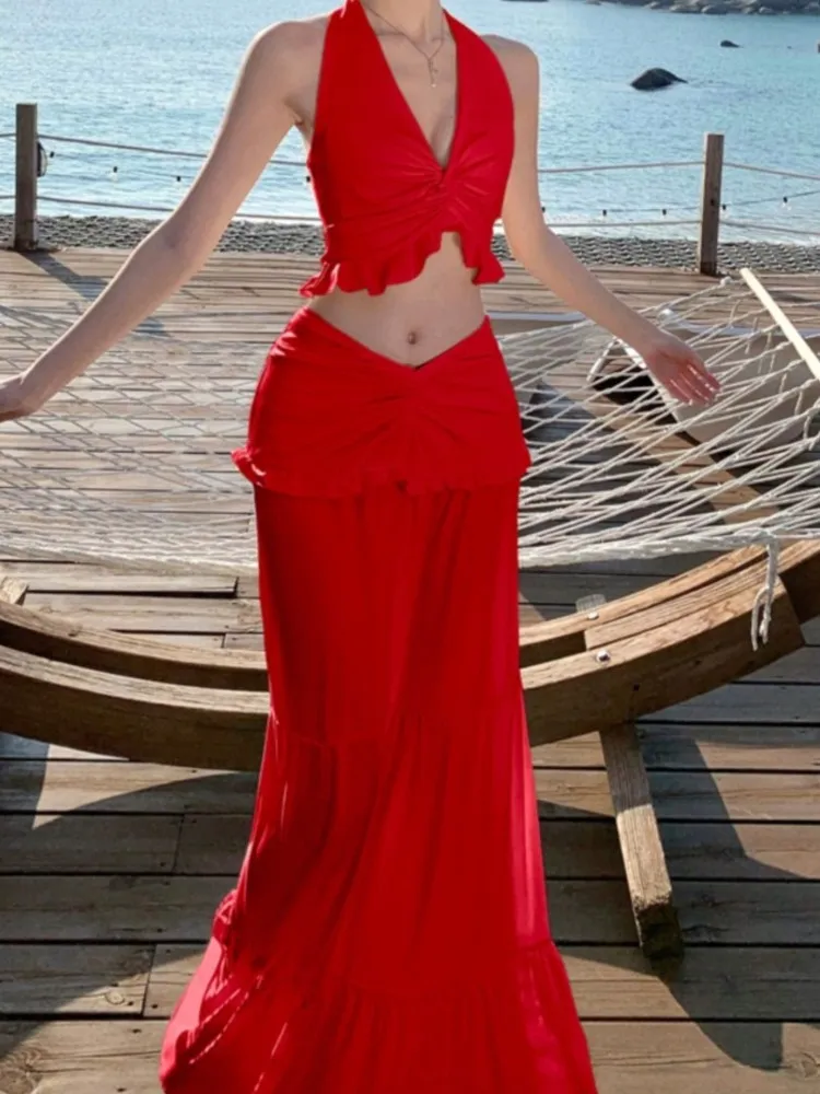 Women Sexy Red Skirts Suits Elegant Halter V-neck Backless Summer Holiday Casual High Waist A-line Two Pieces Set
Women Sexy Red Skirts Suits Elegant Halter V-neck Backless Summer Holiday Casual High Waist A-line Two Pieces Set