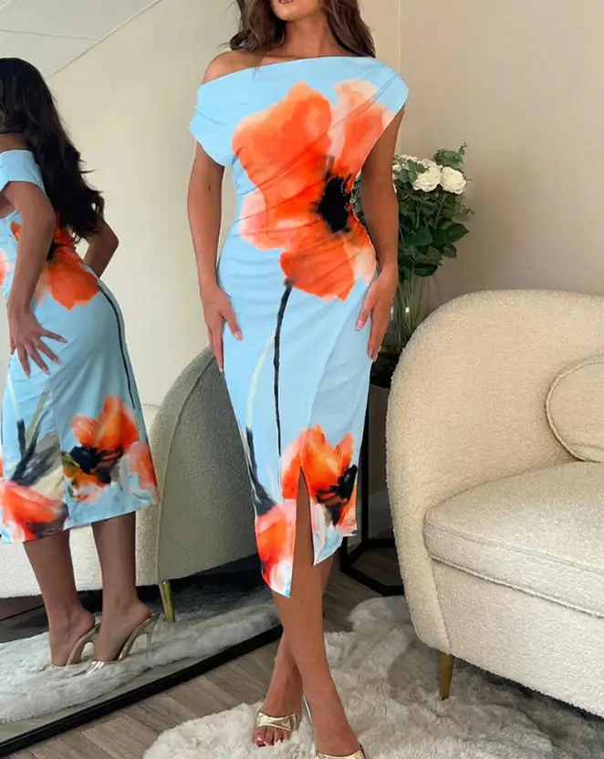 Women's Dress 2026 Spring Summer New Skew Neck Floral Print Midi Dress Slim Fit High-Waist Ruched Dress Elegant Slit Party Dress
Women's Dress 2026 Spring Summer New Skew Neck Floral Print Midi Dress Slim Fit High-Waist Ruched Dress Elegant Slit Party Dress