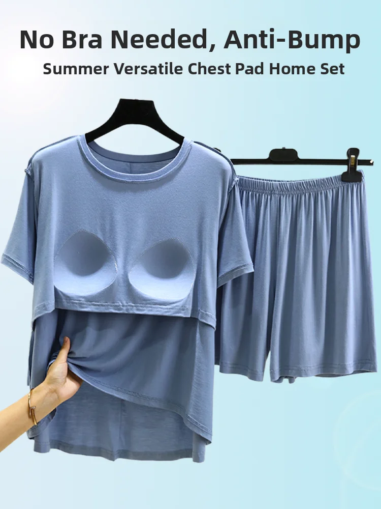 Summer Thin No Bra Home Clothes Loose round Neck Chest Pad Pyjamas Pants Set Large Size Modal Air Conditioning Suit
Summer Thin No Bra Home Clothes Loose round Neck Chest Pad Pyjamas Pants Set Large Size Modal Air Conditioning Suit