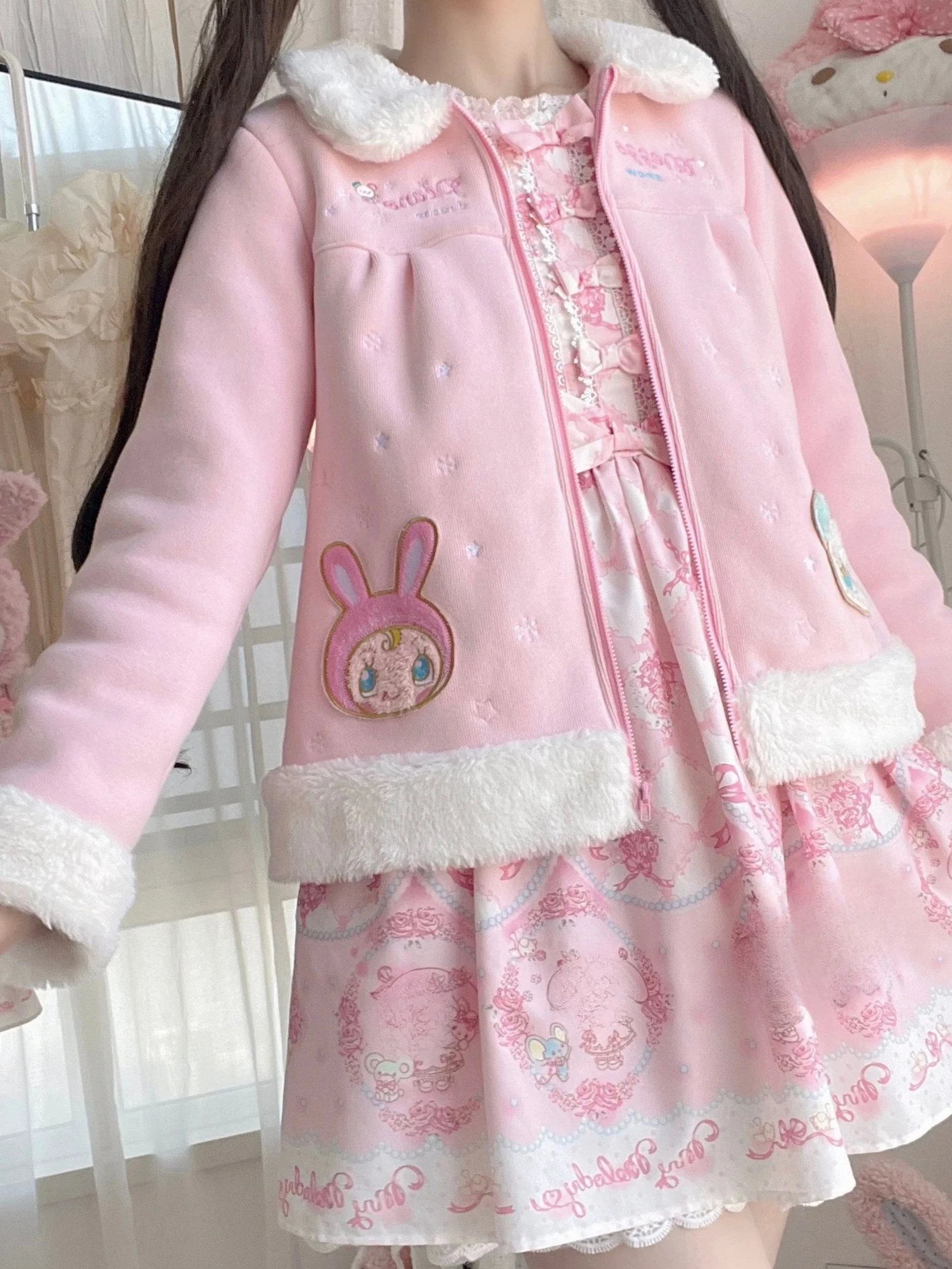 2023 японское кавайное пальто с мультяшной вышивкой, женское меховое лоскутное осеннее милое пальто Y2k, эстетичная молния для девочек Свободная верхняя одежда