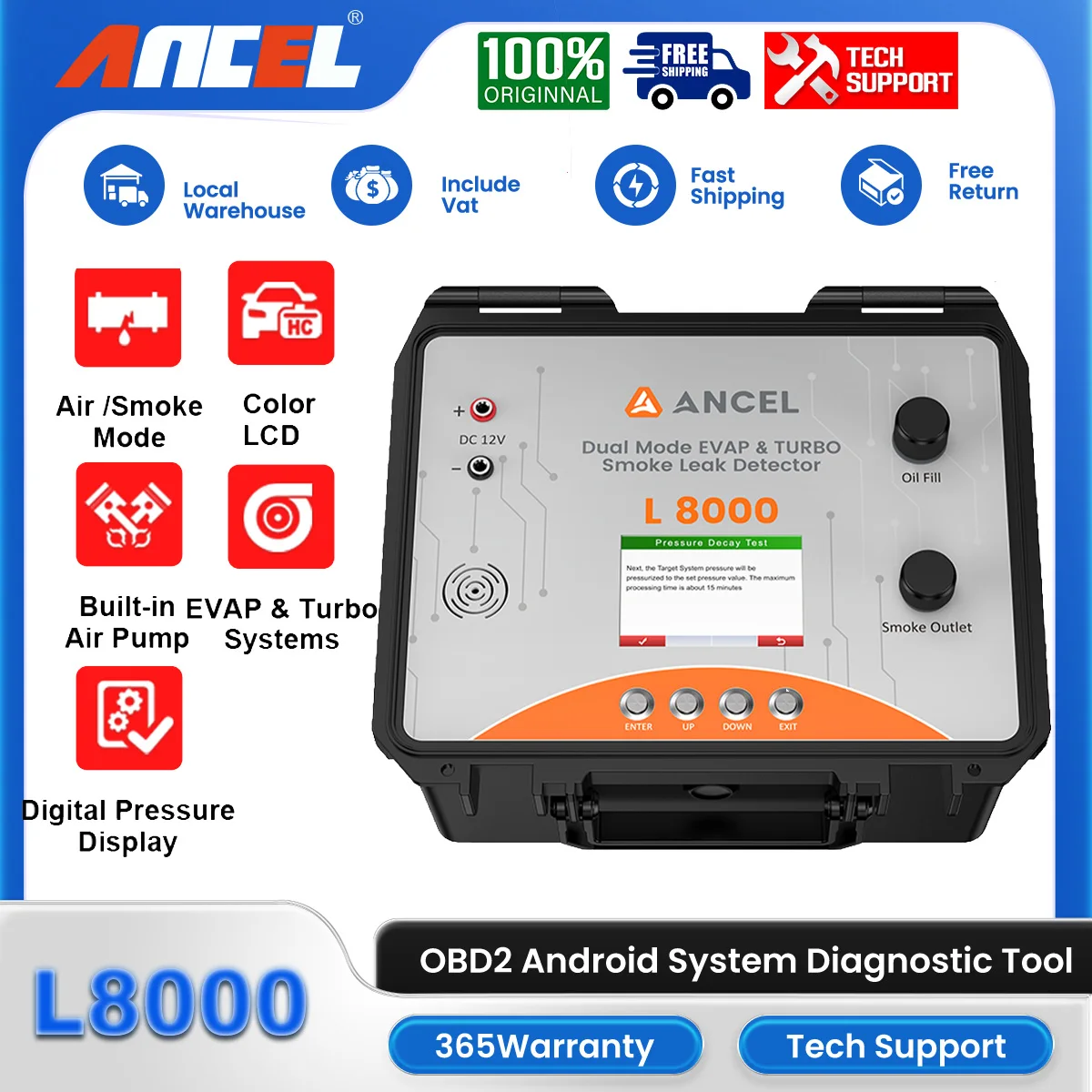 ANCEL L8000 Автомобильный воздушный насос для проверки утечки дыма Turbo Dual Systems Автомобильный инструмент для дыма Регулируемое давление EVAP Анализатор утечки труб
ANCEL L8000 Автомобильный воздушный насос для проверки утечки дыма Turbo Dual Systems Автомобильный инструмент для дыма Регулируемое давление EVAP Анализатор утечки труб