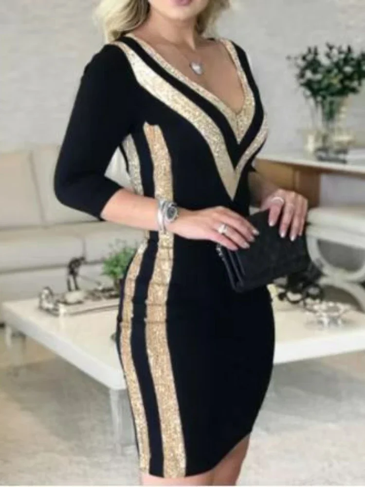 Women Sexy Sequins Dress Sheath V Neck Half Sleeve Dresses Slim Fit Striped Splice Midi Skirts High Street Slight Strech
Women Sexy Sequins Dress Sheath V Neck Half Sleeve Dresses Slim Fit Striped Splice Midi Skirts High Street Slight Strech