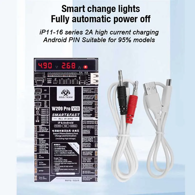 OSS W209Pro V10 phone battery quick charging activation tool iPhoneX-16PM Smart light change automatic power off charging tester
OSS W209Pro V10 phone battery quick charging activation tool iPhoneX-16PM Smart light change automatic power off charging tester