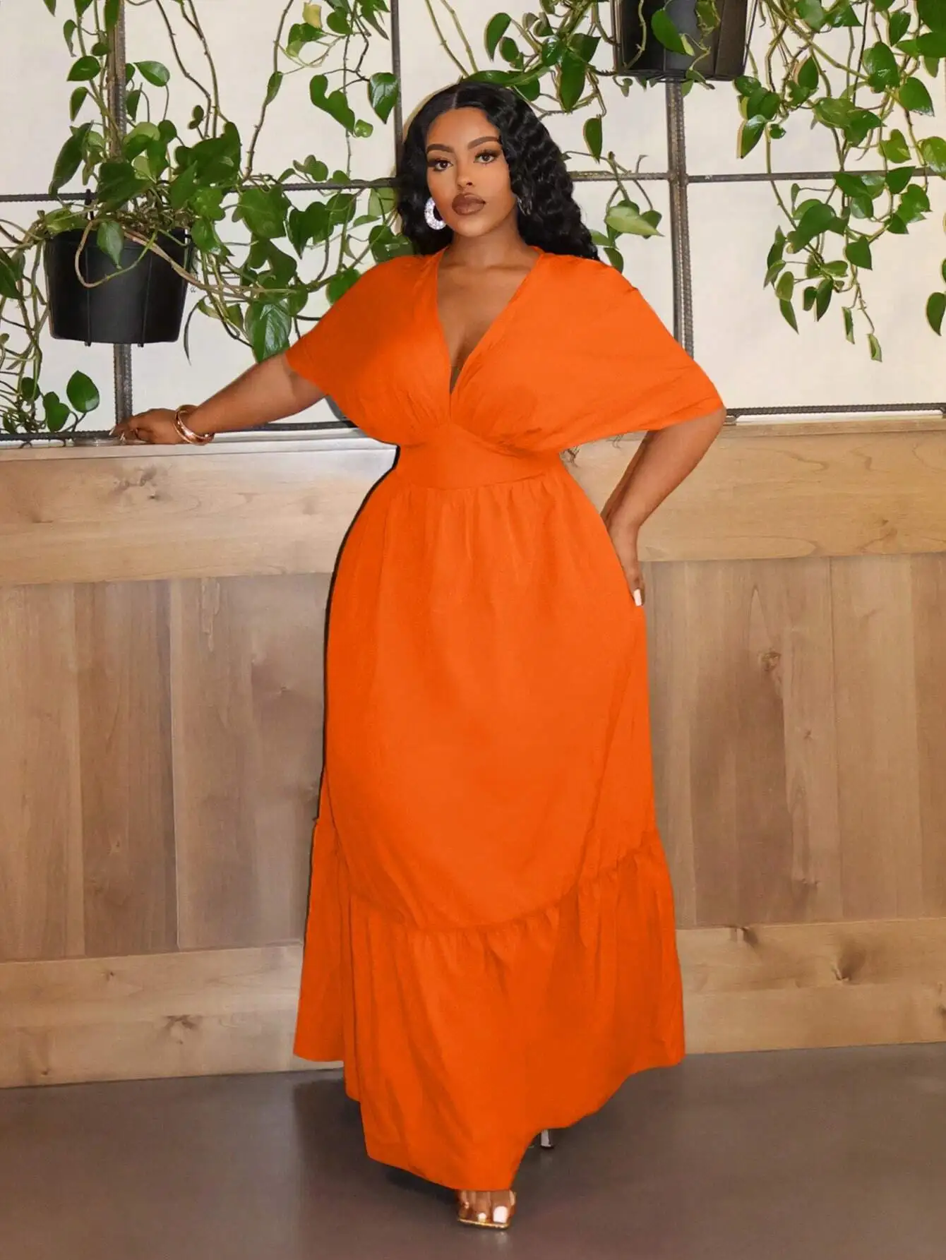 Plus Size Elegant V-Neck Cold Shoulder Waist-Cinched A-Line Ruffle Hem Maxi Dress Orange Summer
Plus Size Elegant V-Neck Cold Shoulder Waist-Cinched A-Line Ruffle Hem Maxi Dress Orange Summer