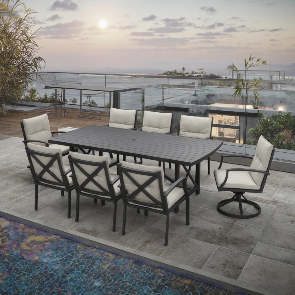 Modern Outdoor Dining Set Lightweight Reclining Chairs Cushions Black Powder Coating Aluminum Frame for Resort Hotel Restaurant
Modern Outdoor Dining Set Lightweight Reclining Chairs Cushions Black Powder Coating Aluminum Frame for Resort Hotel Restaurant