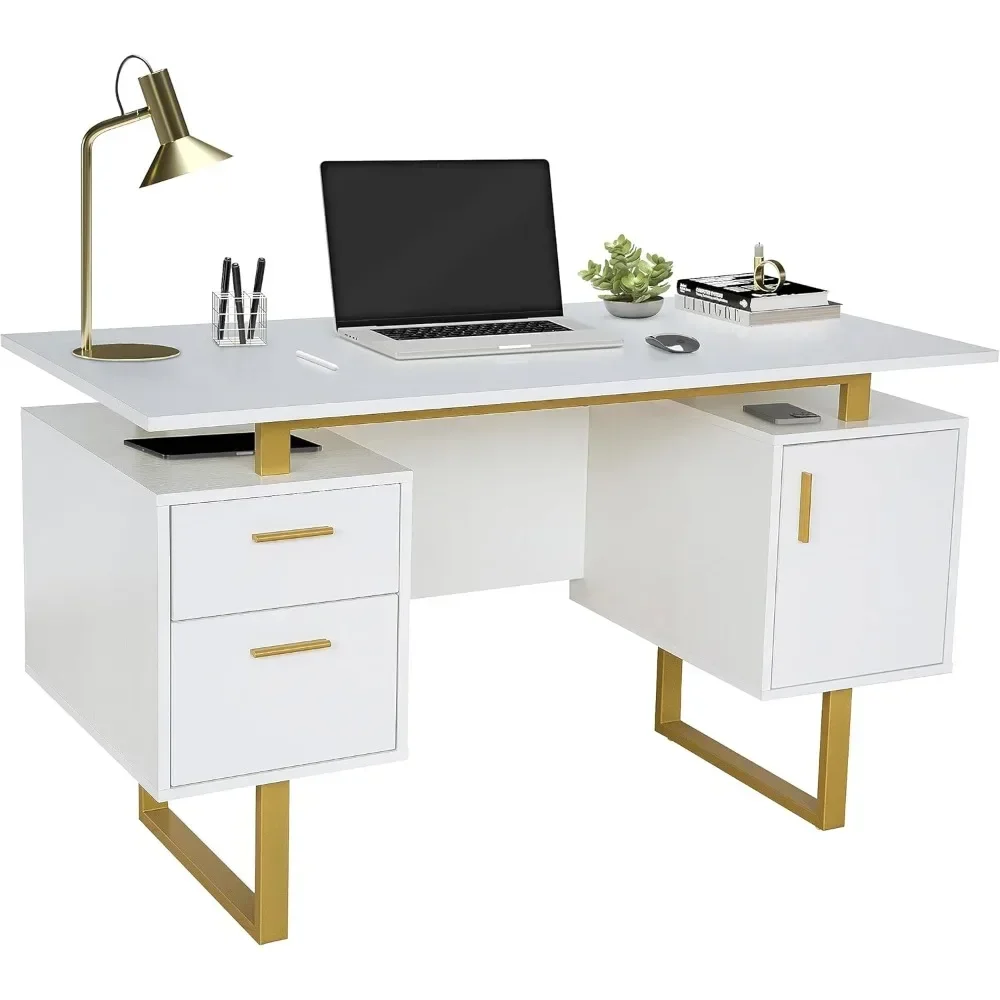 Storage Drawers and Cabinet 51.25” W-Modern Office Large Floating Desktop Surface Desk, 23.6" D x 51.2" W x 29.8" H,White/Gold
Storage Drawers and Cabinet 51.25” W-Modern Office Large Floating Desktop Surface Desk, 23.6" D x 51.2" W x 29.8" H,White/Gold