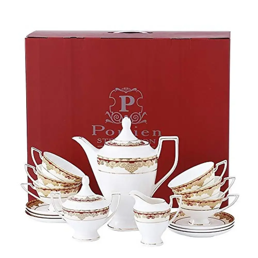 17-Piece Bone China Tea Set with Teapot and Delicate Red Pattern Trimmed in Gold Elegant Design Lightweight and Sturdy Perfect
17-Piece Bone China Tea Set with Teapot and Delicate Red Pattern Trimmed in Gold Elegant Design Lightweight and Sturdy Perfect