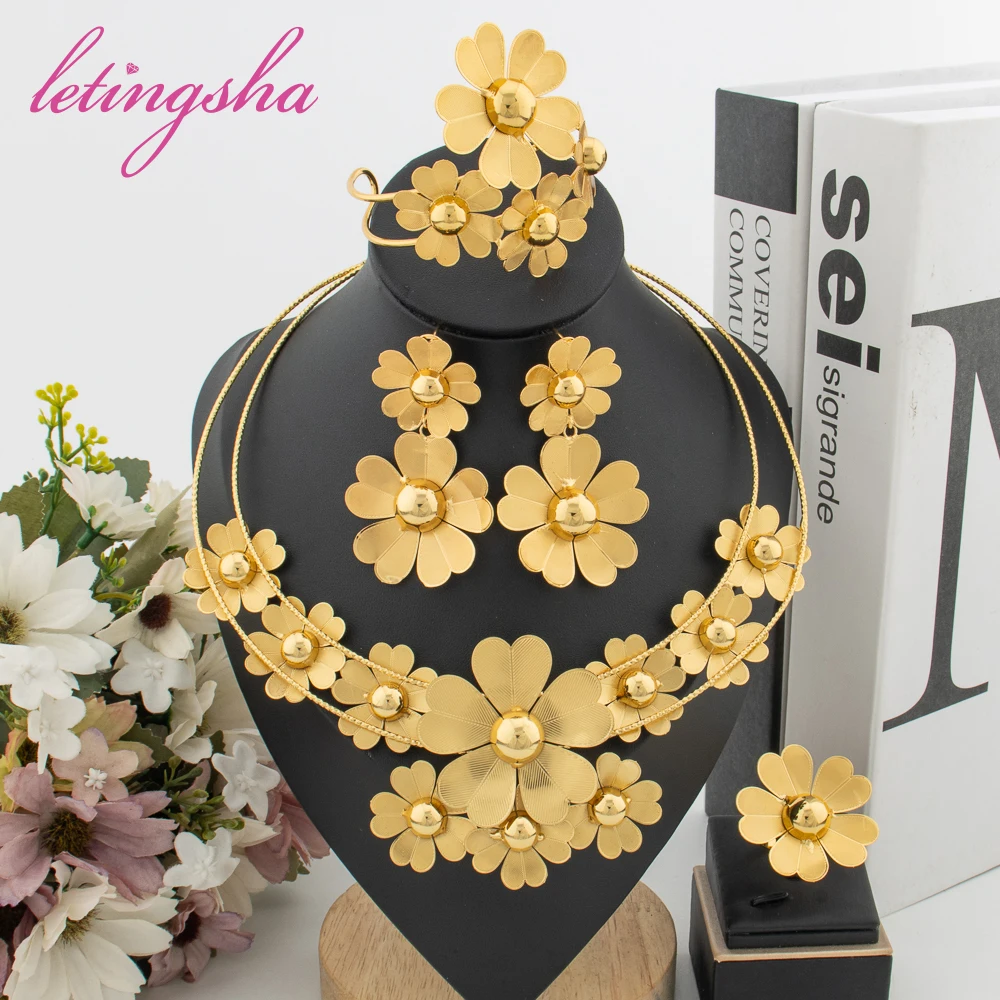 African Classic Big Flower Necklace Earrings Bangle Ring Set Luxury Gold Color Jewelry Set for Women Dubai Jewelry Daily Party
African Classic Big Flower Necklace Earrings Bangle Ring Set Luxury Gold Color Jewelry Set for Women Dubai Jewelry Daily Party