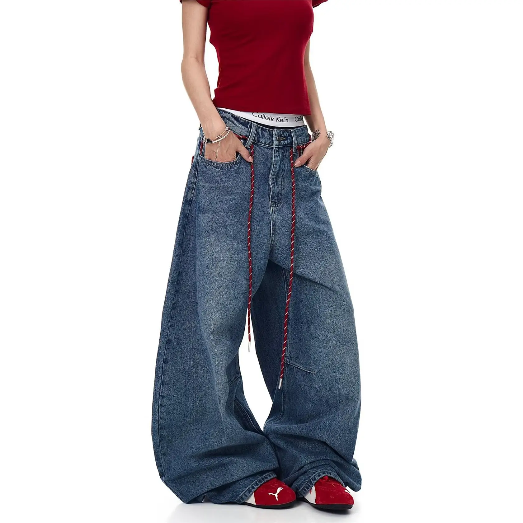Retro Red Plaid Splicing Women's Jeans High Waist Asymmetric Casual Cotton Denim Wide Leg Knife Washed out Trousers
Retro Red Plaid Splicing Women's Jeans High Waist Asymmetric Casual Cotton Denim Wide Leg Knife Washed out Trousers
