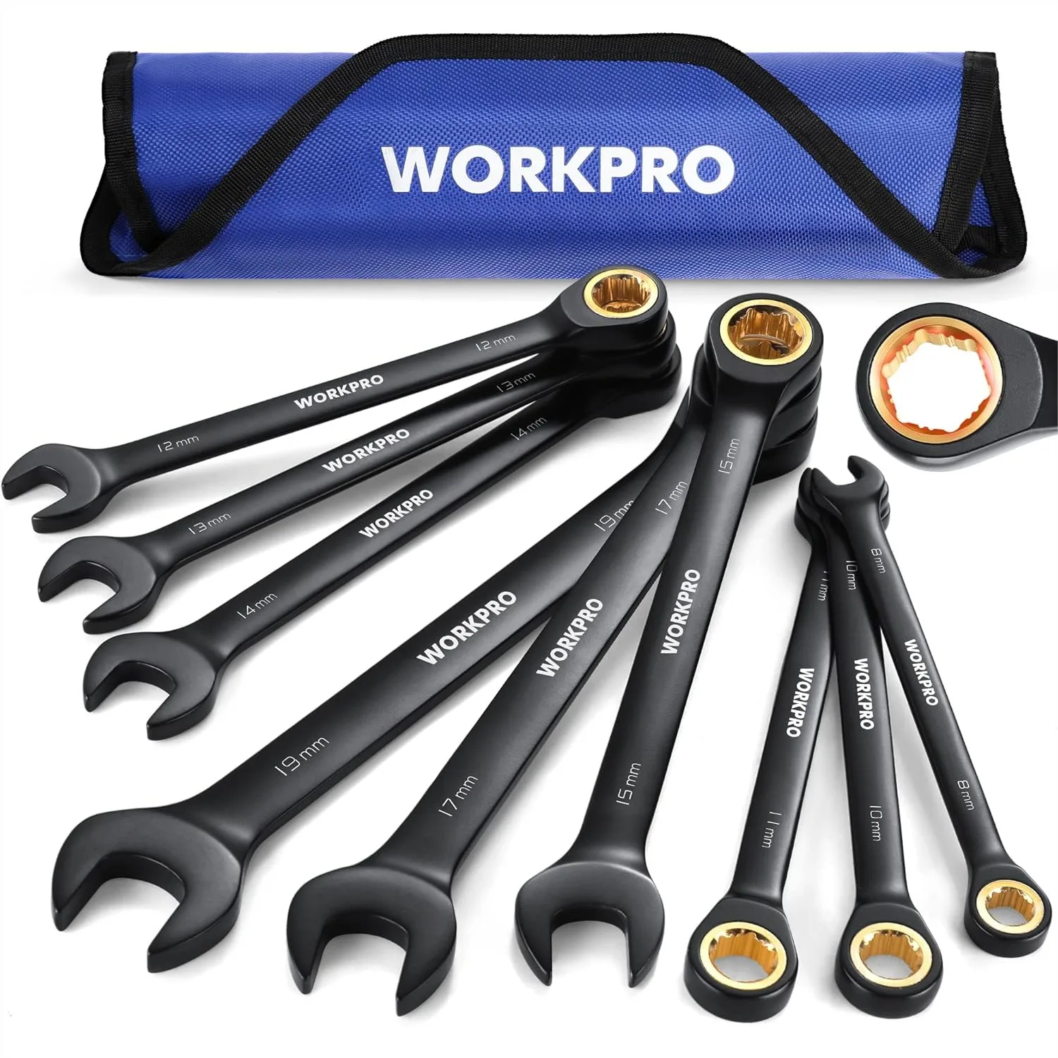 Anti-Slip Ratcheting Combination Wrench Set, Metric 8-19mm, 72-Teeth Cr-V, 9-Piece with Roll Up Pouch
Anti-Slip Ratcheting Combination Wrench Set, Metric 8-19mm, 72-Teeth Cr-V, 9-Piece with Roll Up Pouch