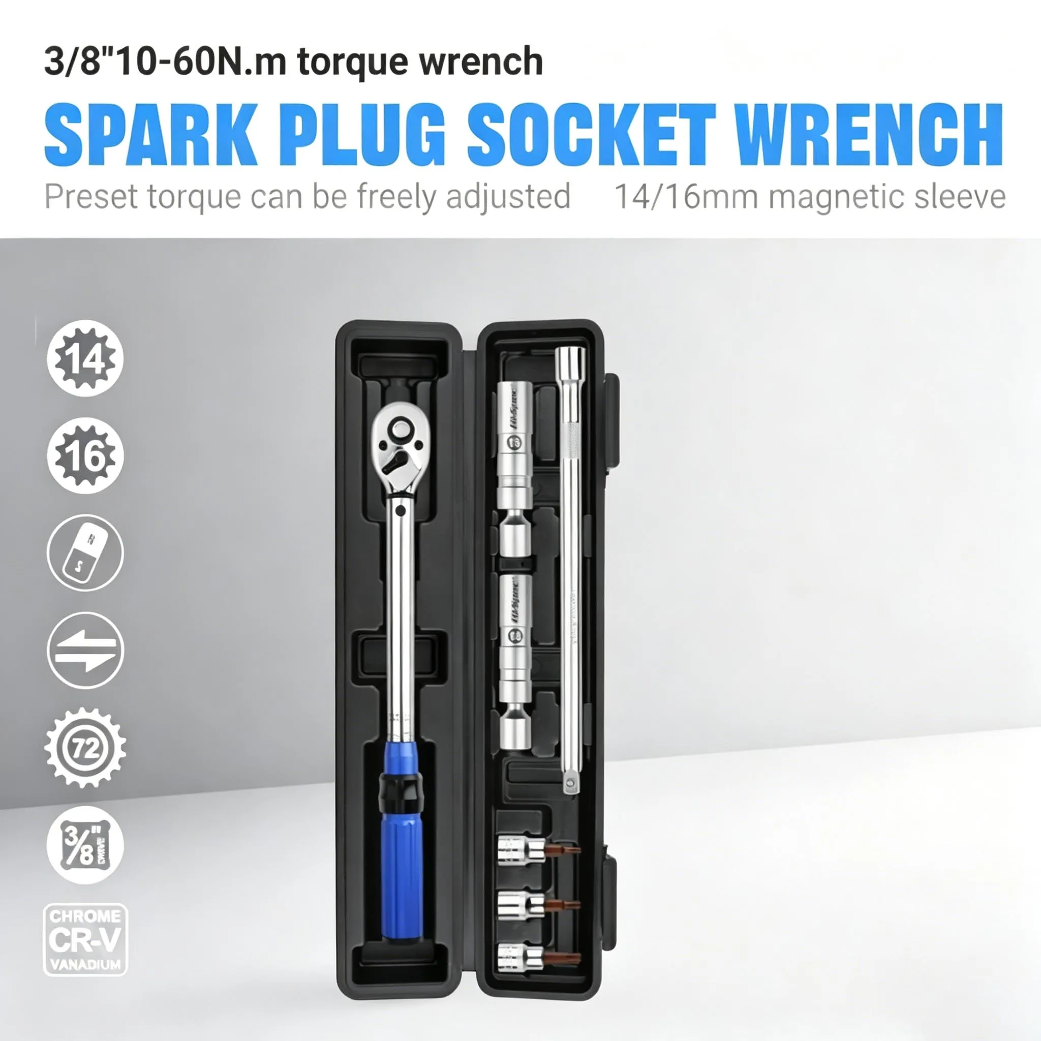 3/8" Drive Professional Torque Wrench Set 7/8Pcs 10-60N.m Magnetic Spark Plug Socket Ultra Thin Design for Auto Engine Repair
3/8" Drive Professional Torque Wrench Set 7/8Pcs 10-60N.m Magnetic Spark Plug Socket Ultra Thin Design for Auto Engine Repair