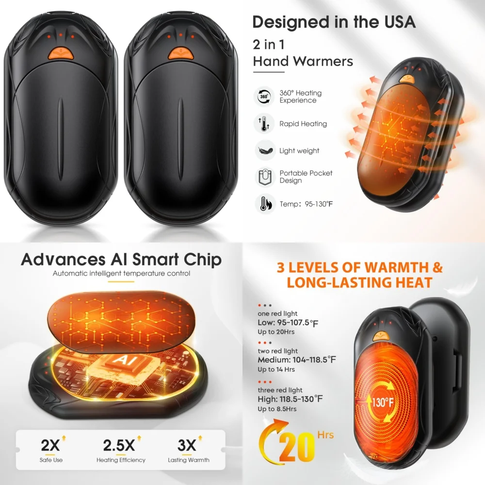 2 Pack Electric Hand Warmer 6000mAh Rechargeable Fast Heating Winter Outdoor Gift Portable USB Warmers for Travel Camping Hiking
2 Pack Electric Hand Warmer 6000mAh Rechargeable Fast Heating Winter Outdoor Gift Portable USB Warmers for Travel Camping Hiking