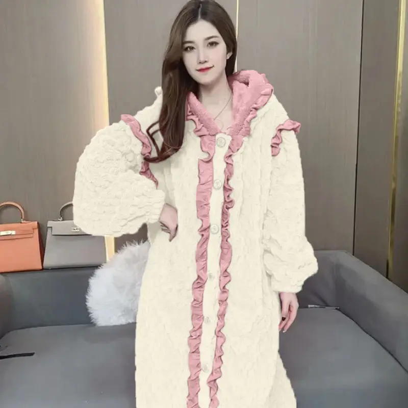 Autumn and Winter Fleece Thickened Loungewear Long Hooded Cardigan Winter Popular Nightgown Princess Style Coral Fleece Pajamas
Autumn and Winter Fleece Thickened Loungewear Long Hooded Cardigan Winter Popular Nightgown Princess Style Coral Fleece Pajamas