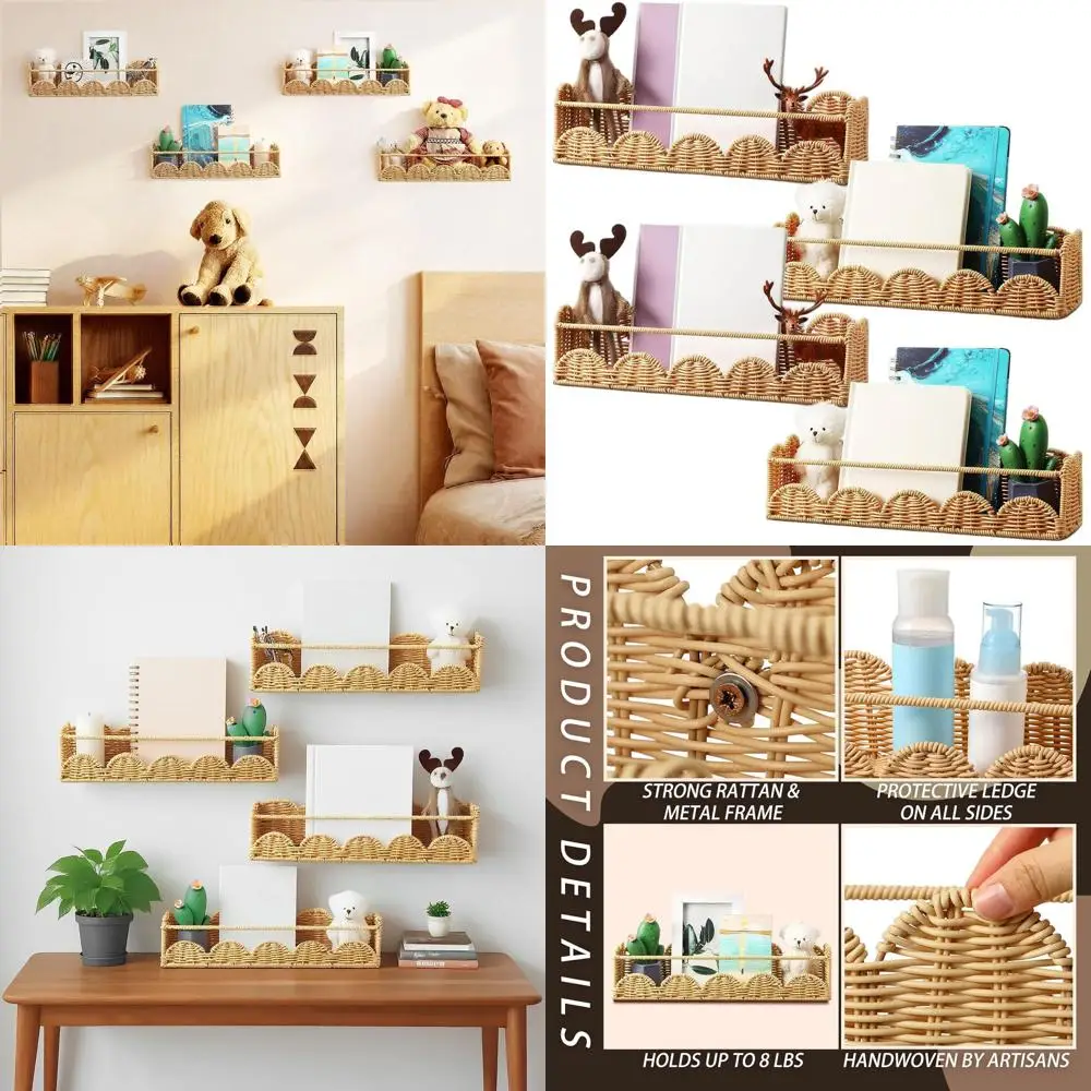 Boho Style Rattan Scalloped Wall Shelves - 4 Piece Set, 15.75 x 3.94, Ideal for Kids' Nursery and Decor
Boho Style Rattan Scalloped Wall Shelves - 4 Piece Set, 15.75 x 3.94, Ideal for Kids' Nursery and Decor
