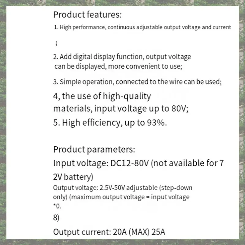 DC12-80V 20A Step-Down Power Module Current Constant Voltage Voltage Current Display 600W Buck Converter Module Easy Install
DC12-80V 20A Step-Down Power Module Current Constant Voltage Voltage Current Display 600W Buck Converter Module Easy Install
