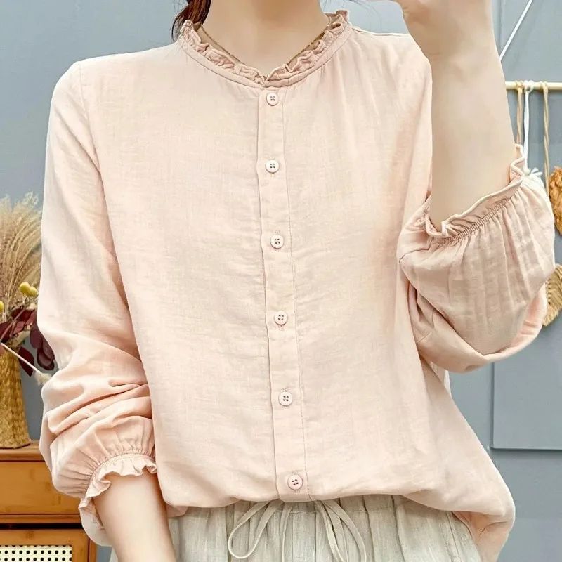 Women's Cotton Gauze Blouse Ruffle Neck Long Sleeve Casual Loose Shirt
Women's Cotton Gauze Blouse Ruffle Neck Long Sleeve Casual Loose Shirt