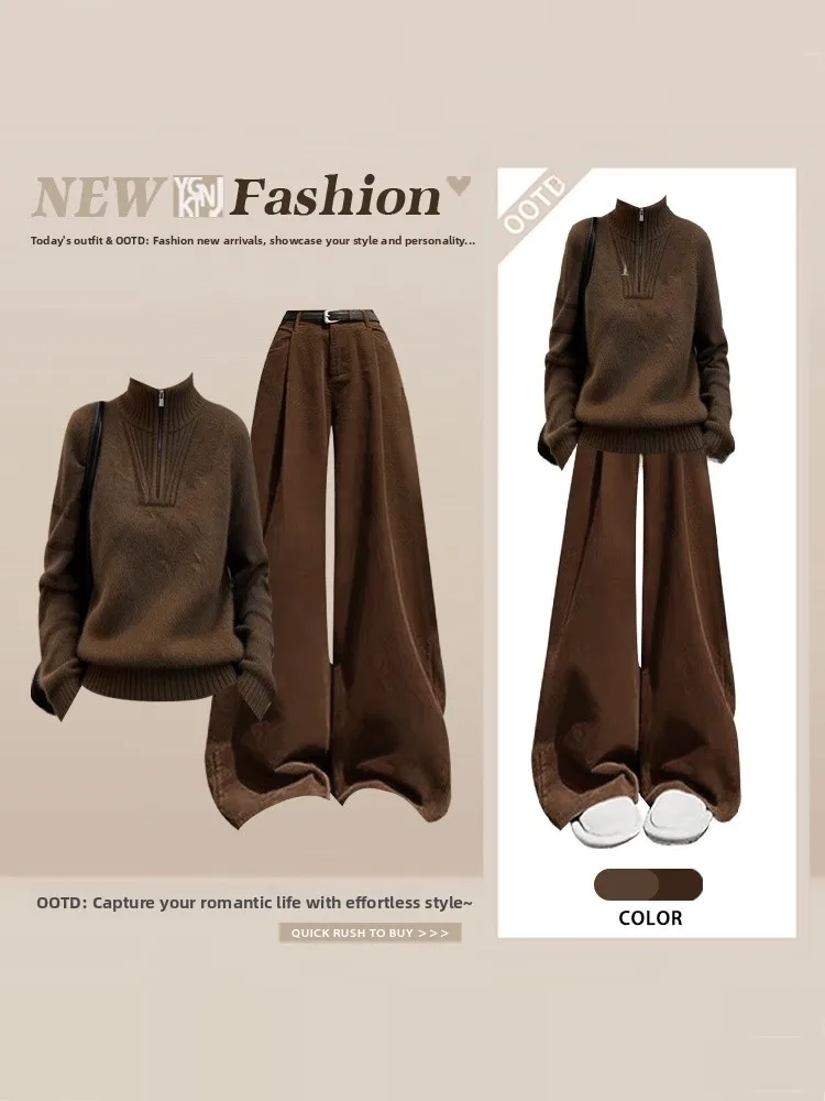 Retro Hong Kong Style Loose Fit Stand Collar Sweater And Casual Pants Women's Elegant Commuter Coffee Color Set Spring Outfit
Retro Hong Kong Style Loose Fit Stand Collar Sweater And Casual Pants Women's Elegant Commuter Coffee Color Set Spring Outfit