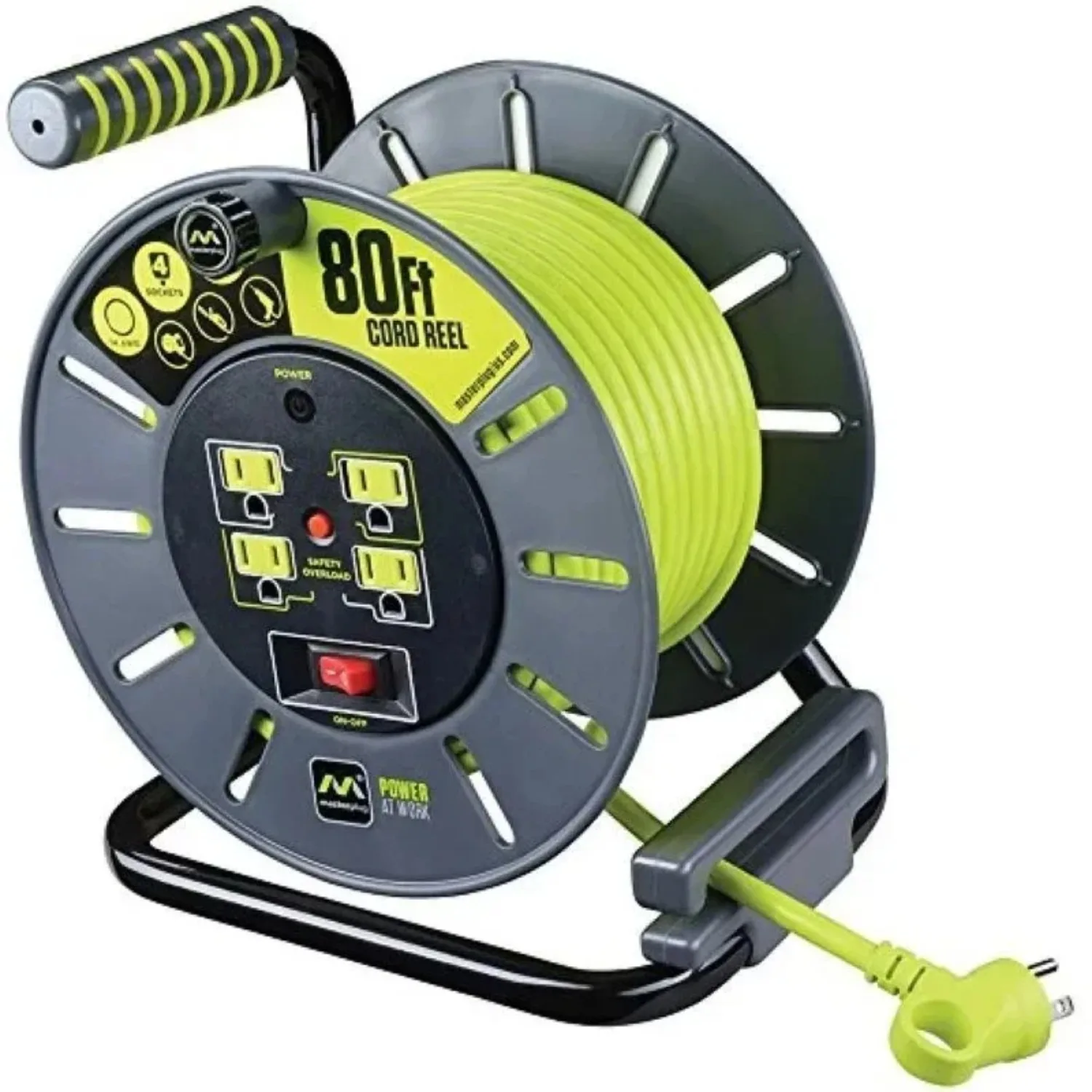 80ft Extension Cord Reel with four shuttered powered outlets and a super comfortable ridged handle.
80ft Extension Cord Reel with four shuttered powered outlets and a super comfortable ridged handle.