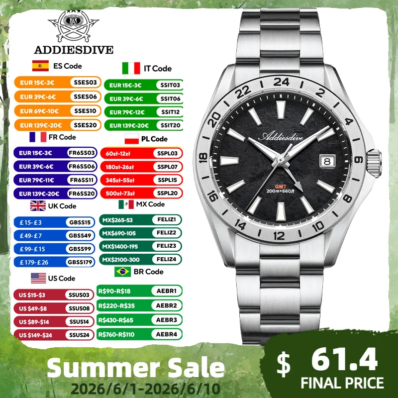 ADDIESDIVE 38mm Swiss GMT Quartz Watch with Ronda 51524H Dual Time Zone 200M Water Resistant BGW9 Luminous Dial Stainless Steel
ADDIESDIVE 38mm Swiss GMT Quartz Watch with Ronda 51524H Dual Time Zone 200M Water Resistant BGW9 Luminous Dial Stainless Steel