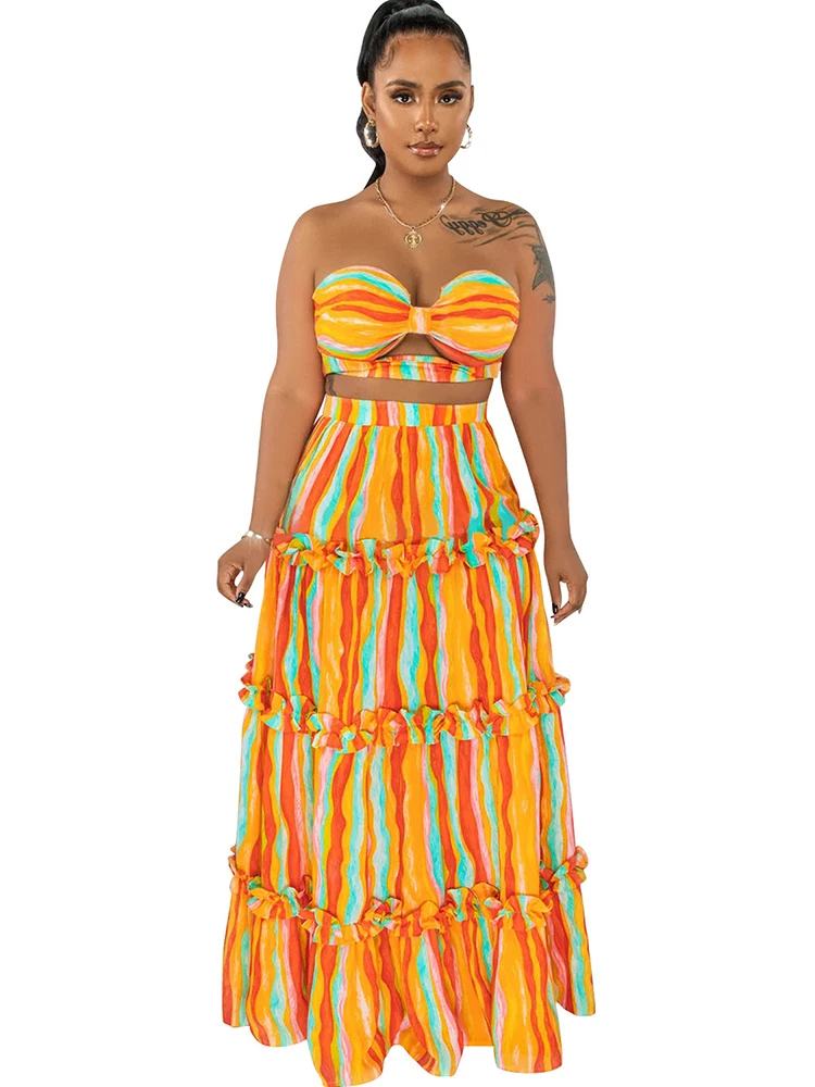 Two Piece Stripe Print Ruffle Set Women Party Sexy Corset Tank Tops And Long Skirt Big Swing High Waist Sexy Club Outfits Sets
Two Piece Stripe Print Ruffle Set Women Party Sexy Corset Tank Tops And Long Skirt Big Swing High Waist Sexy Club Outfits Sets