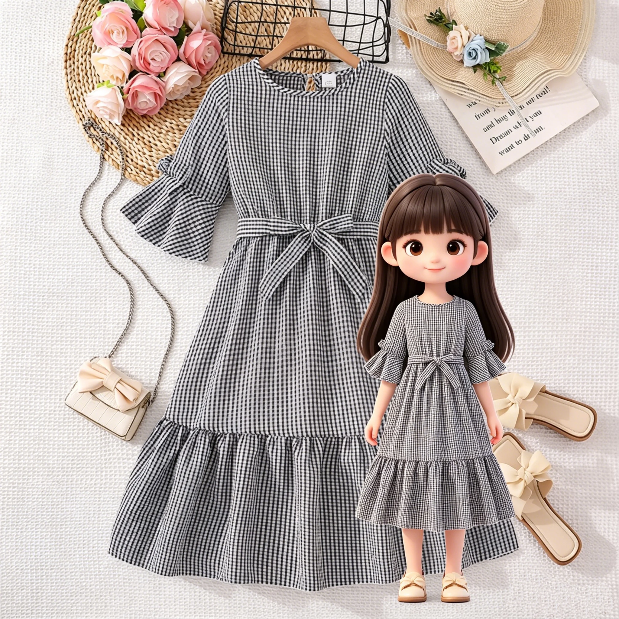Girls 8‑12 summer dress, black‑white gingham midi dress with flared half‑sleeve and tie waist, soft comfy for daily school wear
Girls 8‑12 summer dress, black‑white gingham midi dress with flared half‑sleeve and tie waist, soft comfy for daily school wear