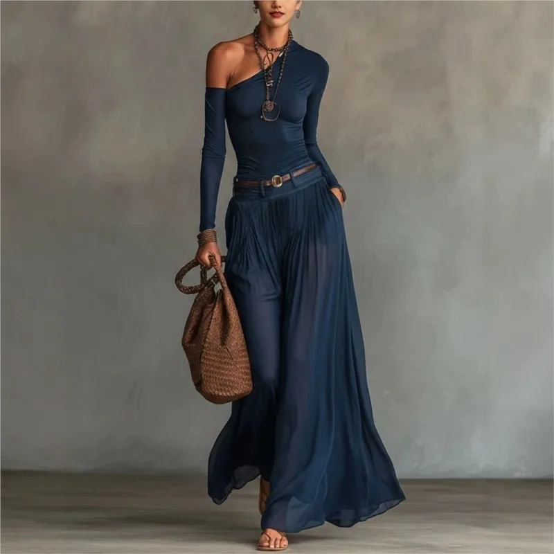 Women's Off Shoulder Two-Piece Set Casual Solid Slim Fit Long Sleeve Summer Top T-Shirt With High Waist Chiffon Loose Maxi Pants
Women's Off Shoulder Two-Piece Set Casual Solid Slim Fit Long Sleeve Summer Top T-Shirt With High Waist Chiffon Loose Maxi Pants