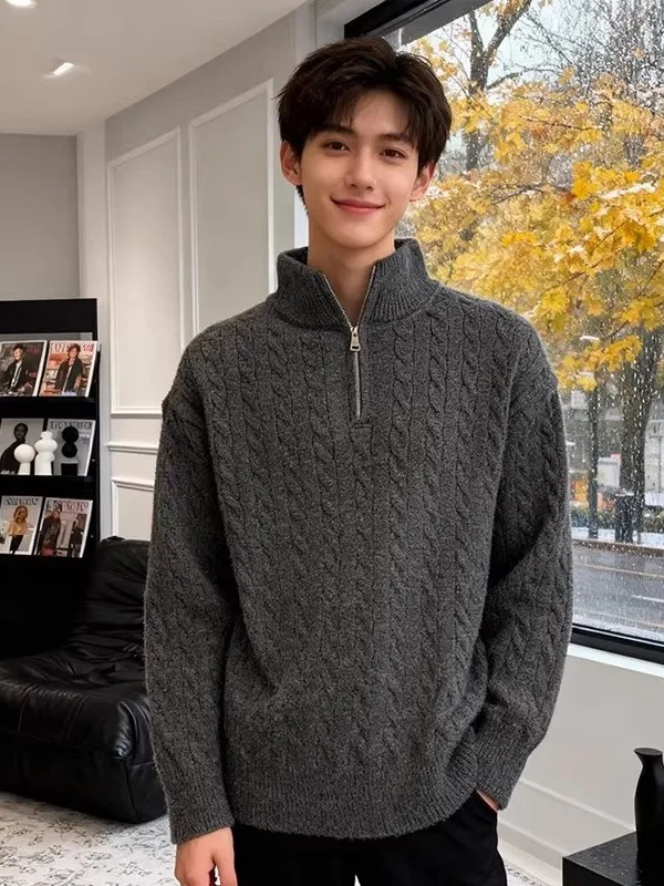 Deep ey High Collar Men's Knitted Sweater Casual Sle Inner Wear Twist Pattern Zipper Design Spring Autumn Season Outerwear
Deep ey High Collar Men's Knitted Sweater Casual Sle Inner Wear Twist Pattern Zipper Design Spring Autumn Season Outerwear