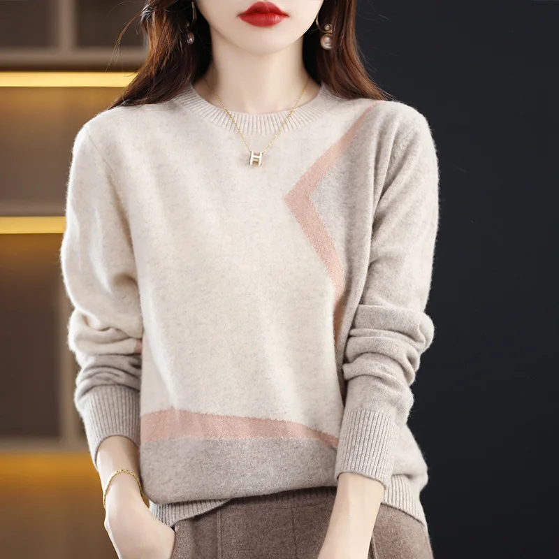 Women Sweater Autumn Winter O-Neck Pullover 100% Merino Wool Long Sleeve Color-matching Cashmere Knitwear Korean Fashion Jumper
Women Sweater Autumn Winter O-Neck Pullover 100% Merino Wool Long Sleeve Color-matching Cashmere Knitwear Korean Fashion Jumper