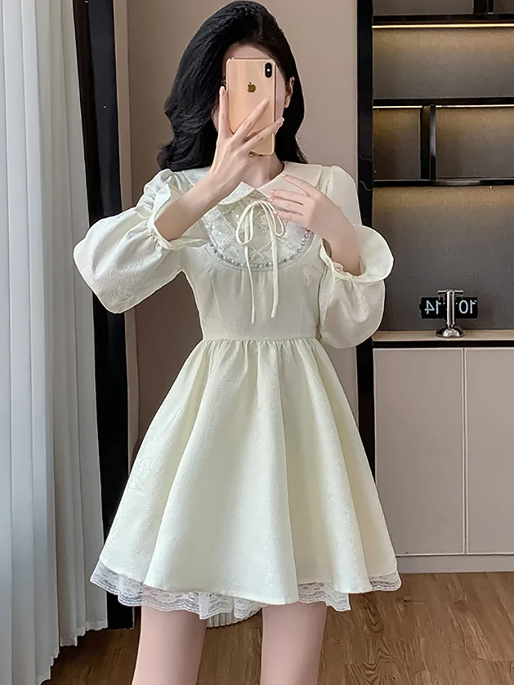 White Jacquard Patchwork Lace Ruffled Women's Dress Autumn Winter Chic Diamons Bow Polo Collar Dress 2025 Korean Luxury Vestidos
White Jacquard Patchwork Lace Ruffled Women's Dress Autumn Winter Chic Diamons Bow Polo Collar Dress 2025 Korean Luxury Vestidos