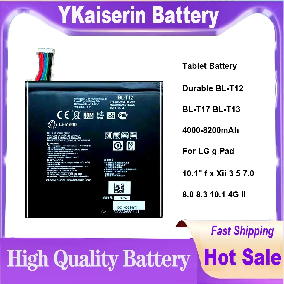 Tablet Battery Durable BL-T12 BL-T17 BL-T13 4000-8200mAh For LG g Pad 10.1" f x Xii 3 5 7.0 8.0 8.3 10.1 4G II
Tablet Battery Durable BL-T12 BL-T17 BL-T13 4000-8200mAh For LG g Pad 10.1" f x Xii 3 5 7.0 8.0 8.3 10.1 4G II