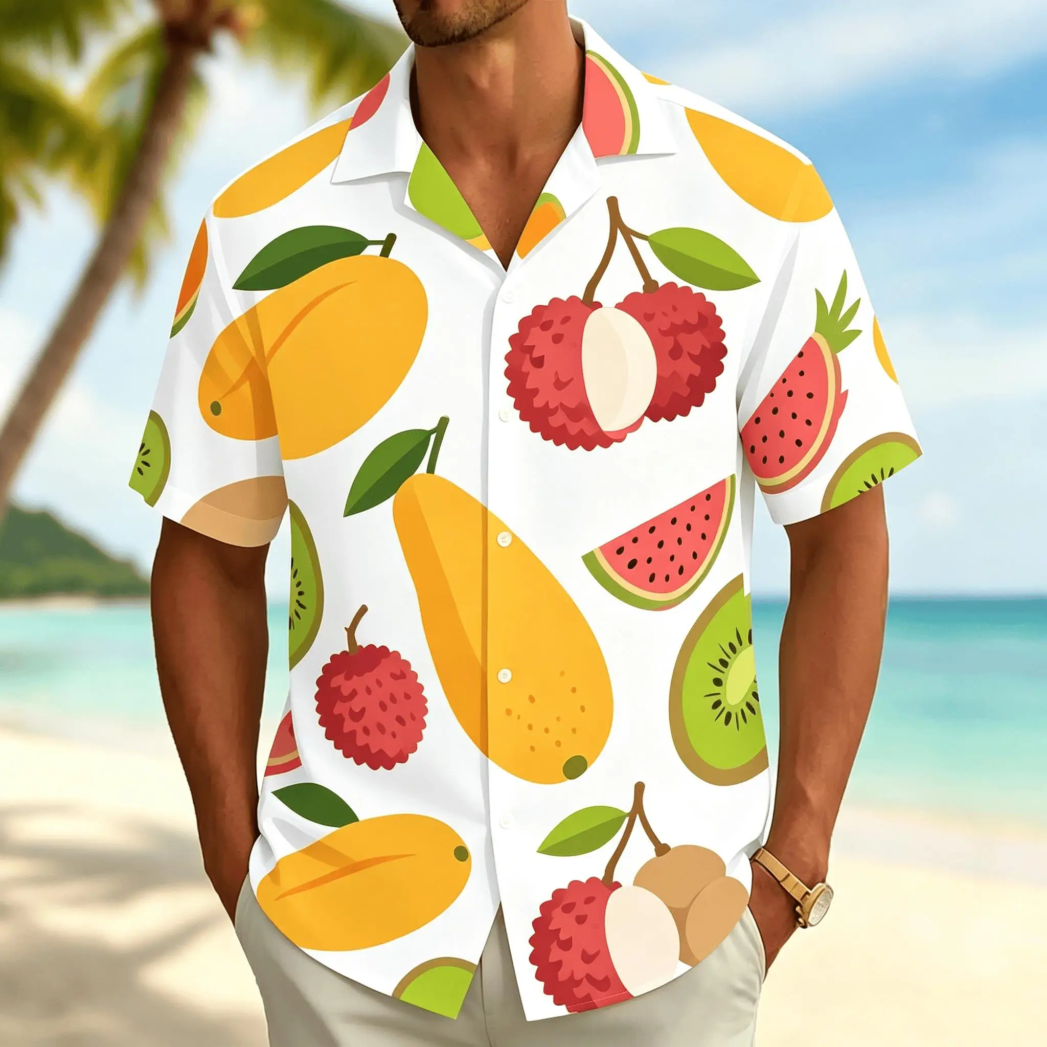 Men's Tropical Fruit Print Short Sleeve Shirt, White Base Design, Casual Hawaiian Top for Spring & Summer
Men's Tropical Fruit Print Short Sleeve Shirt, White Base Design, Casual Hawaiian Top for Spring & Summer
