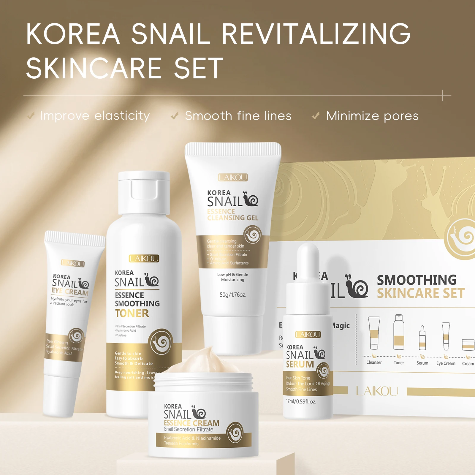 LAIKOU Korea Snail Revitalizing Skincare Set 5PCS Improve Elasticity Smooth Fine Lines Minimize Pores Complete Face Care
LAIKOU Korea Snail Revitalizing Skincare Set 5PCS Improve Elasticity Smooth Fine Lines Minimize Pores Complete Face Care