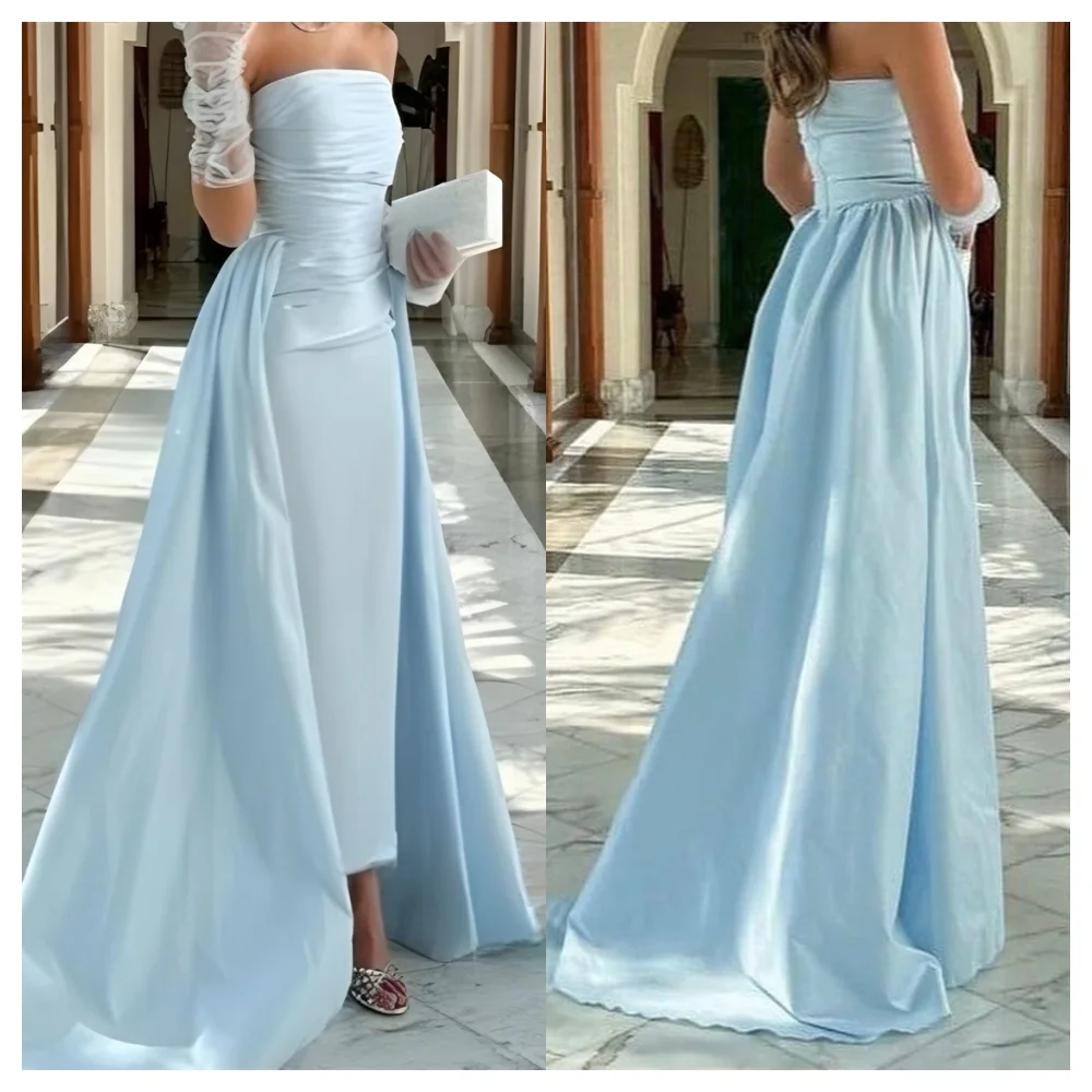 Customized Delicate Blue Satin Evening Dress Elegant Strapless Sleeveless Party Dress High Quality Chapel Train Celebr
Customized Delicate Blue Satin Evening Dress Elegant Strapless Sleeveless Party Dress High Quality Chapel Train Celebr