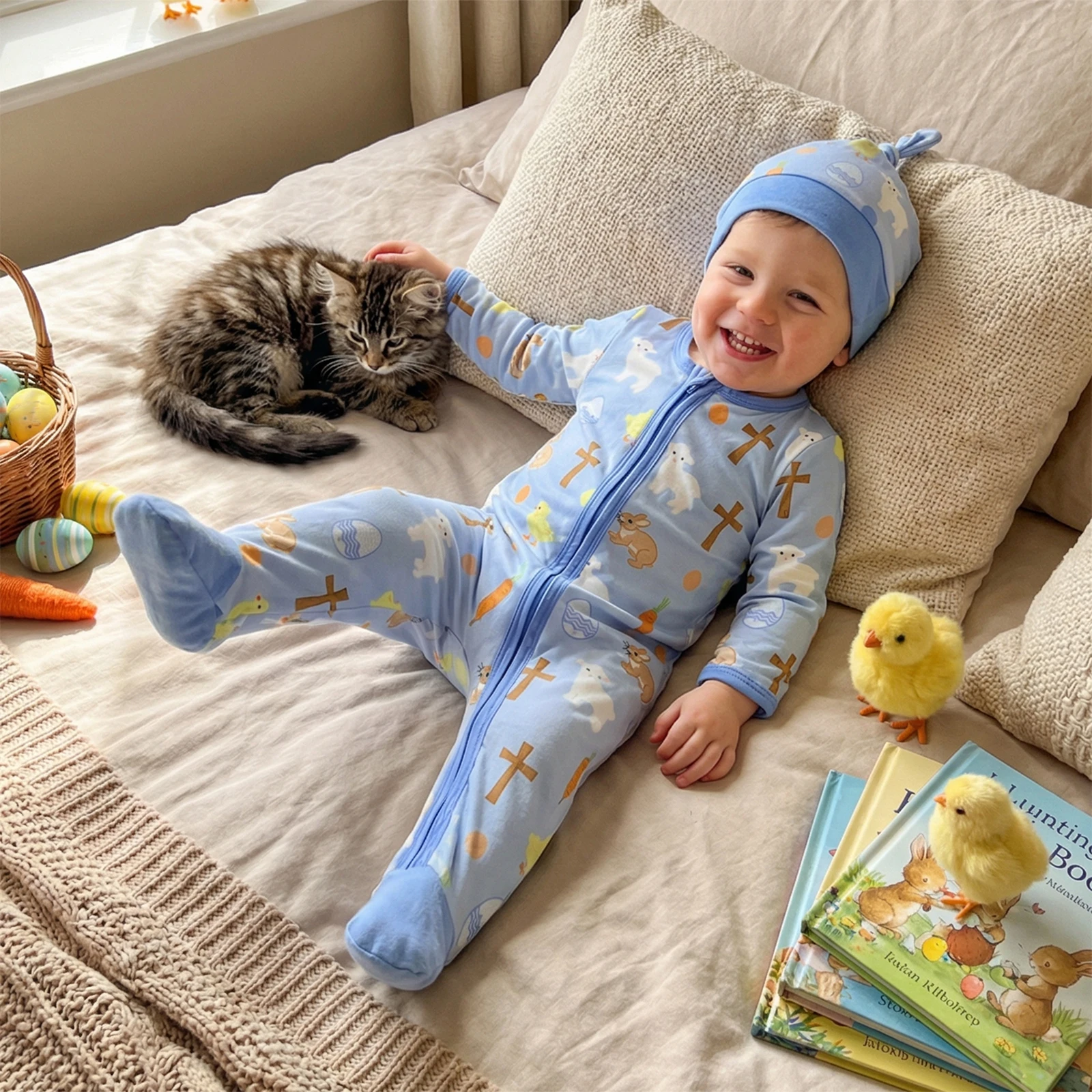 Весенний пасхальный комплект для младенцев: комбинезон с длинным рукавом, принтом яиц, крестов и животных, шапочка и пинетки
Весенний пасхальный комплект для младенцев: комбинезон с длинным рукавом, принтом яиц, крестов и животных, шапочка и пинетки