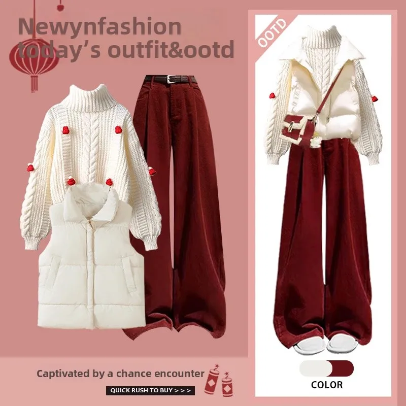 Осень-зима, Новый год, вязаный женский комплект с высоким воротником, повседневные длинные брюки, красный жилет, футболка, костюм, антивозрастной хлопковый свитер
Осень-зима, Новый год, вязаный женский комплект с высоким воротником, повседневные длинные брюки, красный жилет, футболка, костюм, антивозрастной хлопковый свитер