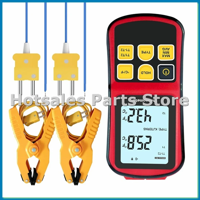 Thermocouple Thermometer Digital K Type Thermometer,with 2 Temperature Clamp 2 Wired Thermocouple Probes-A79M
Thermocouple Thermometer Digital K Type Thermometer,with 2 Temperature Clamp 2 Wired Thermocouple Probes-A79M