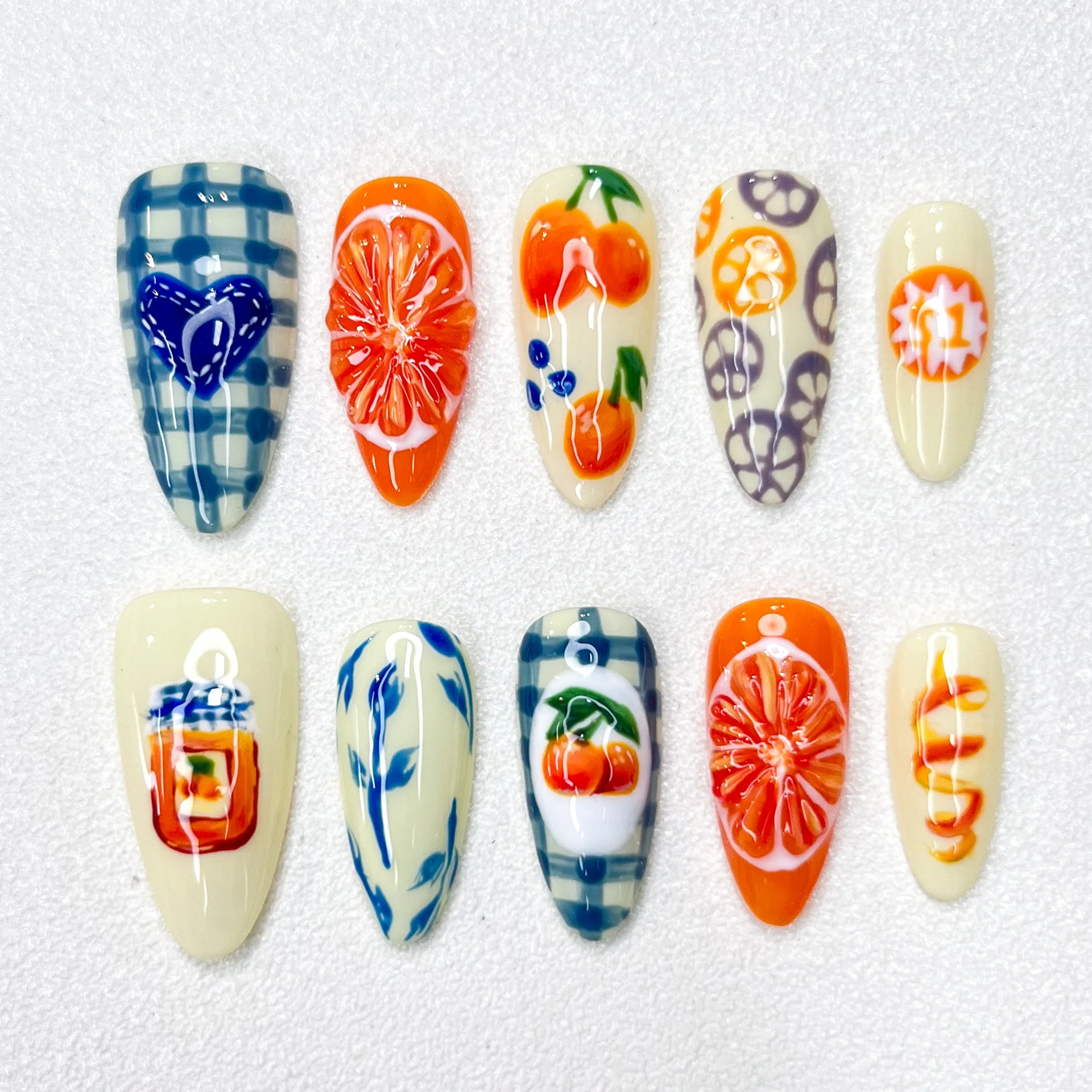 New Fruit Series Manicure 3D Relief Hand-painted Fruit Sculpture Personalized Press on Nails Mandarin Duck Series Almond Length
New Fruit Series Manicure 3D Relief Hand-painted Fruit Sculpture Personalized Press on Nails Mandarin Duck Series Almond Length